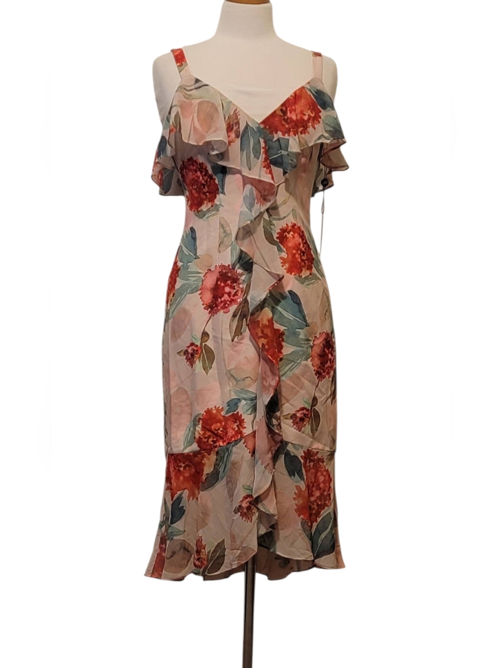 Adrianna Papell Chiffon Floral Ruffled Any Occasion Midi Dress